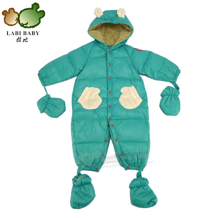 拉比冬款男宝宝爬服哈衣 LODBB61201萌熊羽绒连帽连体衣配手脚套