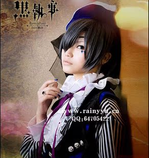 现货 超原版cosplay黑执事夏尔假发黑混灰蓝灰色高温丝内收短发