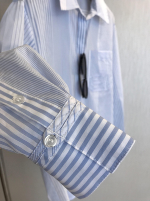 所见即所得 元禾单~简约蓝色条纹长袖翻领宽松大码衬衫男友风女夏