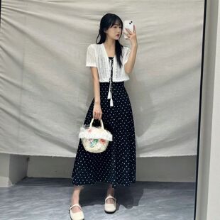 罩衫波点吊带裙连衣裙女2026春夏新款收腰显瘦洋气过膝长裙两件套