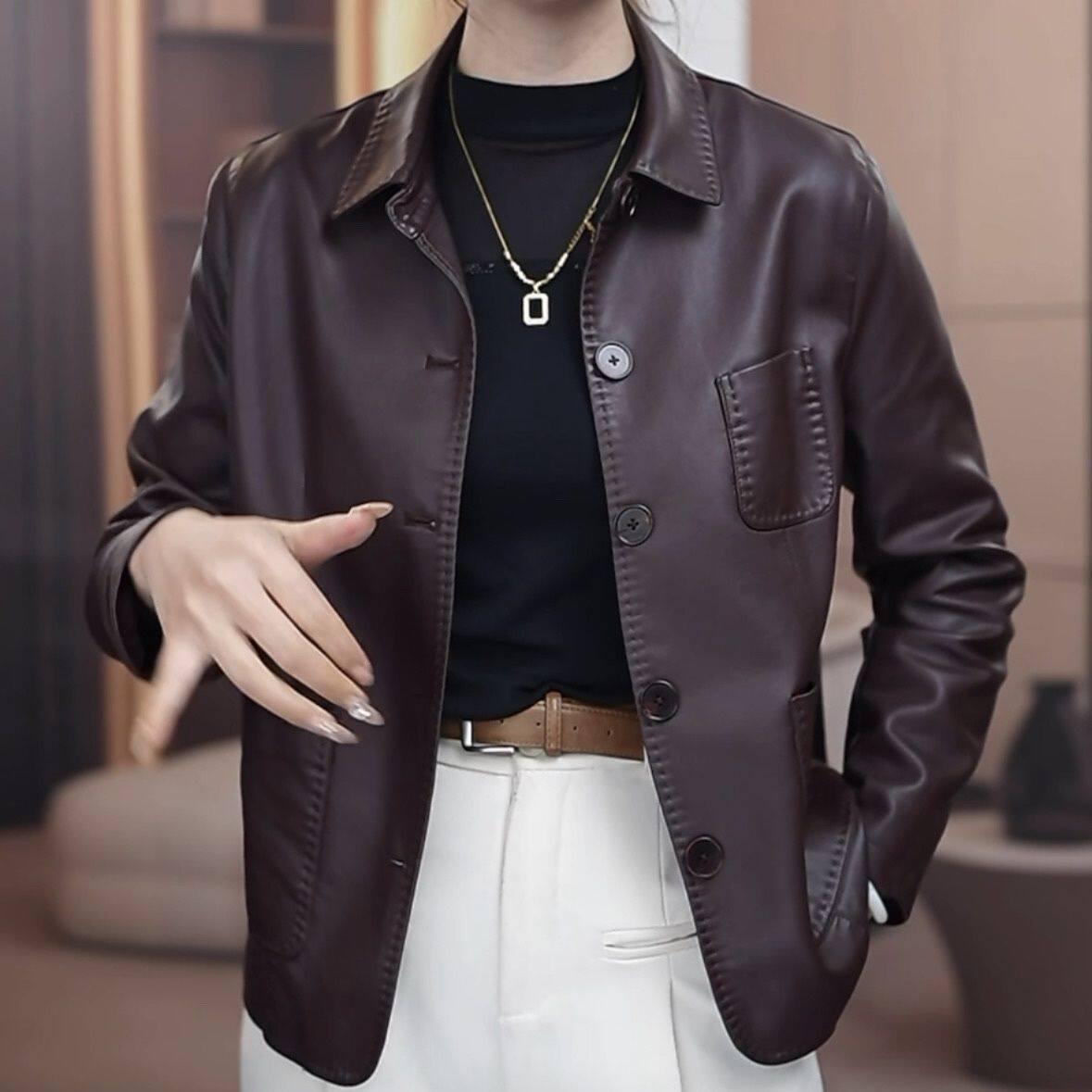 欧货高端气质翻领咖色皮衣女2025早秋新款宽松时尚减龄百搭外套潮