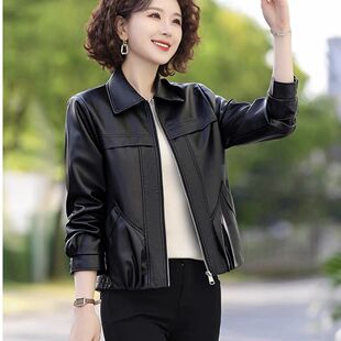2025春秋款 50岁洋气妈妈皮外套中老年女士皮夹克黑色皮衣 皮衣短款