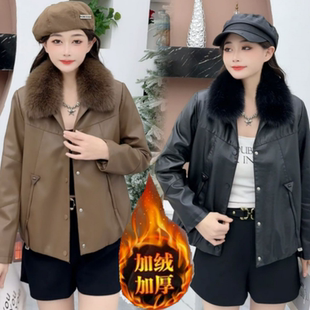 加绒皮衣外套女2025年冬季新款小个子短款配毛领pu皮尤机车服夹克