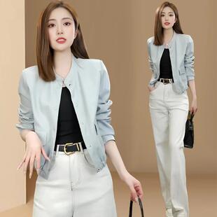 正肩软皮简约机车皮衣女2026春秋新款 复古立领夹克外套 小个子美式