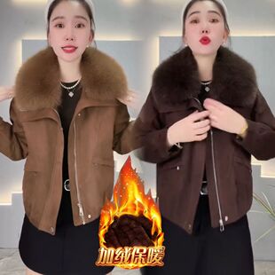 大毛领加绒加厚短款外套女2025冬季新款夹克中年女士保暖减龄上衣