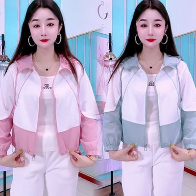 大码撞色连帽冰丝防晒衣女夏季中年妈妈宽松轻薄透气防晒开衫外套