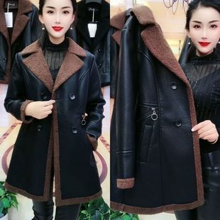 收腰大码 新款 休闲 加绒加厚抗寒保暖外套冬季 皮毛一体女皮衣中长款