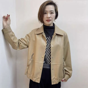 2025年春季皮衣长袖通勤宽松短款妈妈装洋气大方翻领皮夹克机车服