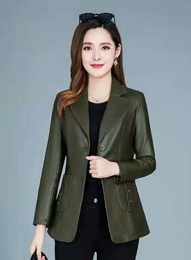 皮衣外套女短款2025春秋绿色大码修身皮夹克小个子中年妈妈皮西服