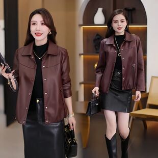 洋气尖领显瘦百搭上衣 皮衣外套新款 海宁短款 皮衣外套女2025春秋季