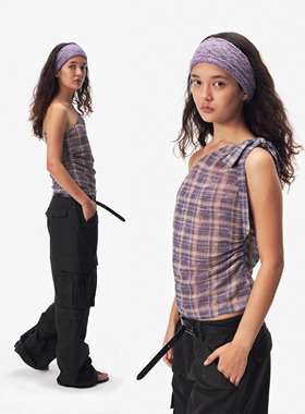 ASKFORMOON 紫色格纹斜肩绑带无袖上衣轻盈背心女2025年夏季新款