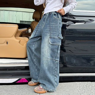 女童工装牛仔裤子2025冬装新款加绒加厚大童儿童韩系直筒休闲裤潮