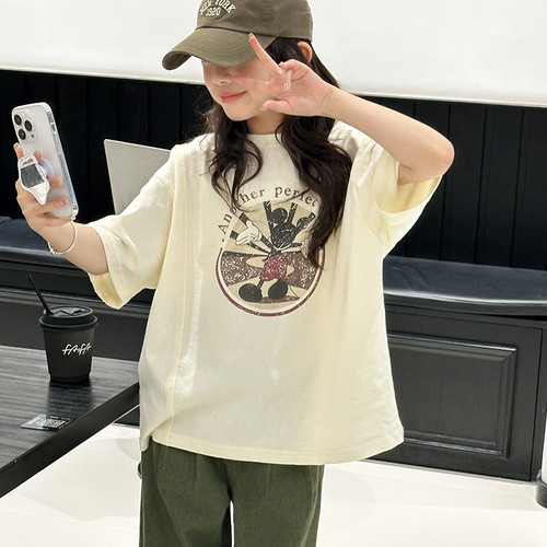 女童短袖t恤夏季2026新款儿童洋气时髦中大童薄款宽松卡通上衣
