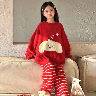 珊瑚绒女童睡衣两件套儿童家居服套装2025秋冬装新款大童居家衣服