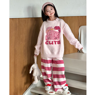 大童洋气加厚 新款 珊瑚绒女童睡衣两件套儿童家居服套装 2025秋冬装