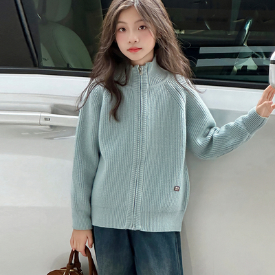 女童毛衣外套2025秋冬新款儿童加厚拉链开衫女大童洋气针织上衣潮