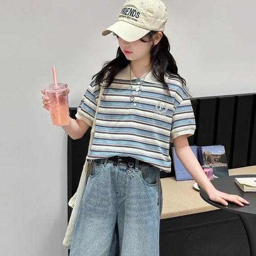 女童短袖T恤2026新款儿童韩系polo衫领半袖大童薄款时髦夏装打底t