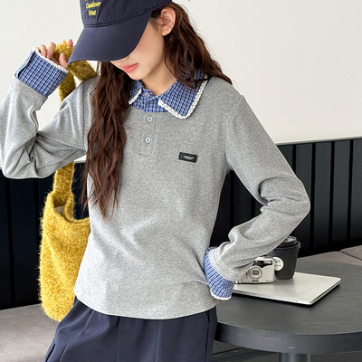 女童冬装打底衫2025新款儿童格子衬衫领上衣大童德绒加厚长袖T恤