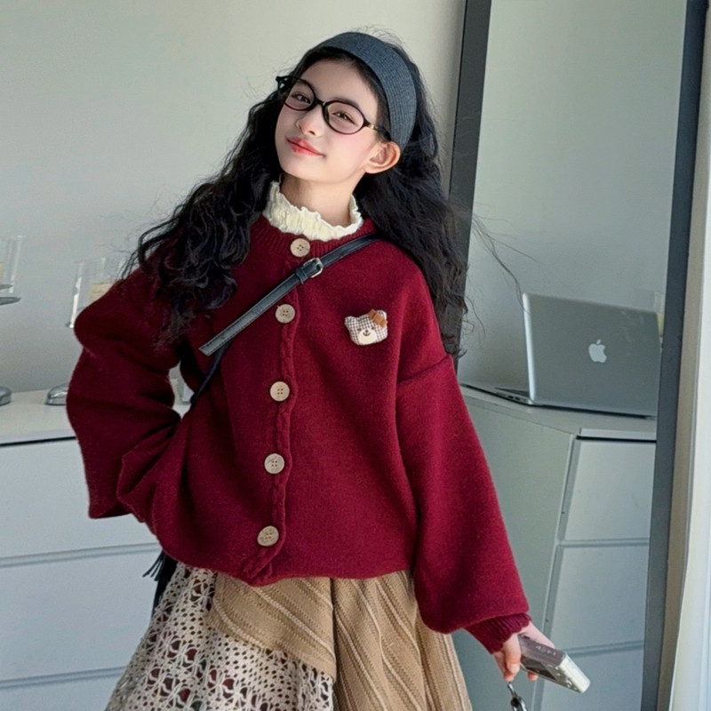 女童春装针织衫韩系红色毛衣2026新款女大童洋气开衫外套儿童衣服