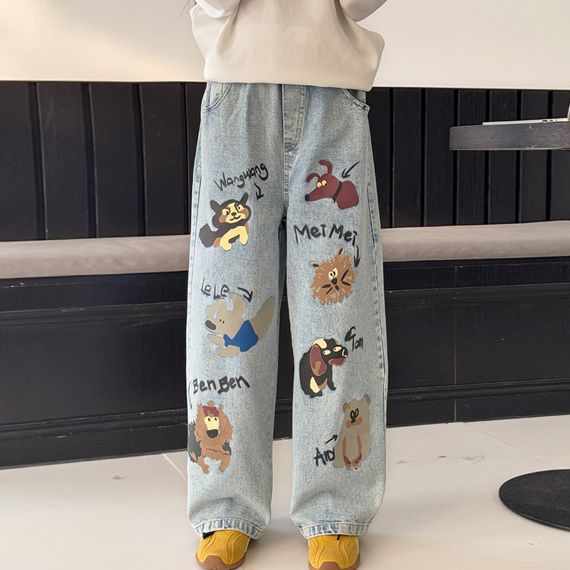 【清仓】女童牛仔裤春季儿童宽松直筒休闲裤大童卡通涂鸦百搭裤子图片
