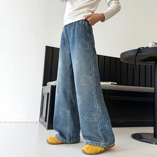 女童牛仔裤2025冬装新款大童满印卡通直筒裤子儿童加绒加厚休闲裤