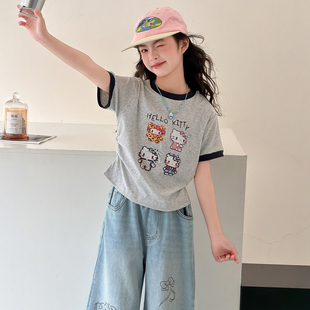 女童短袖T恤2026新款儿童Kitty猫时髦上衣大童韩范洋气牛仔裤套装