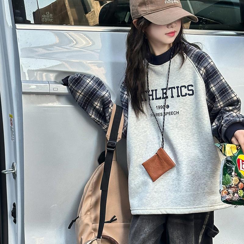 女童插肩袖卫衣2025新款秋冬装加绒加厚儿童格子拼接上衣打底衫潮