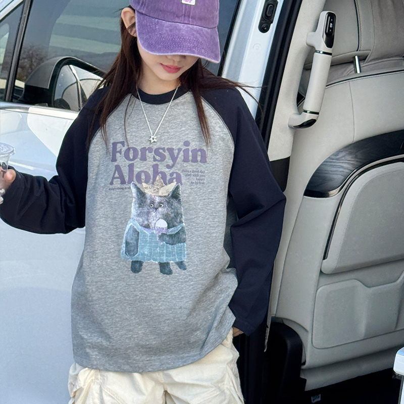 女童长袖T恤秋季薄款2025新款儿童撞色插肩袖卡通童装百搭上衣潮