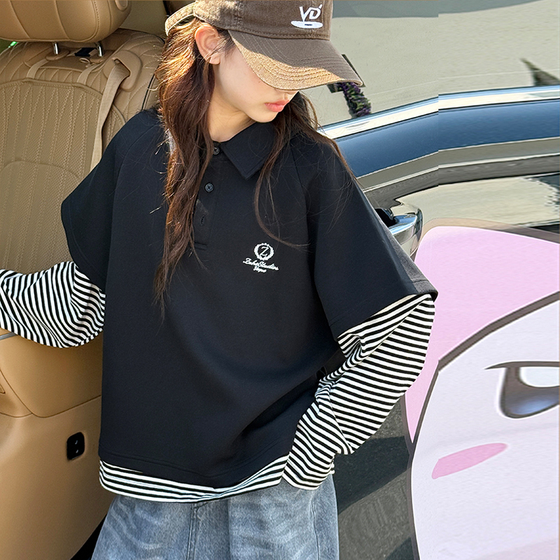 女童polo衫2025新款秋装儿童学院风假两件长袖上衣春秋女大童卫衣
