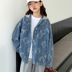 女童牛仔外套2026春装新款女大童卡通满印连帽上衣儿童春秋衣服潮