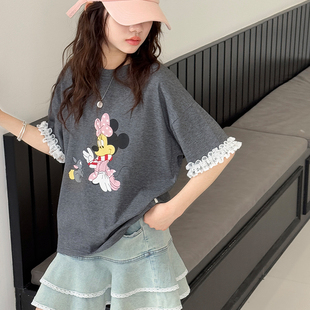 T恤儿童蕾丝拼接短袖 女童夏装 上衣大童卡通印花休闲衣服 清仓