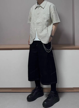 美式休闲水洗宽松直筒七分裤男复古做旧黑色牛仔短裤欧美高街穿搭