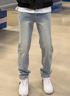 美式高街浅蓝色cleanfit修身牛仔裤男潮简约百搭休闲窄版拖地裤子