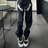 美式 男 牛仔裤 高街宽松直筒裤 子潮流设计小众复古嘻哈银龙刺绣修身