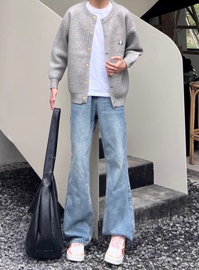 美式复古日常浅蓝色百搭休闲牛仔裤男cleanfit修身显瘦直筒长裤子