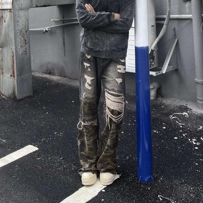 微喇vibe拼接直筒假破洞牛仔裤