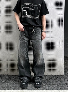 新款简约休闲设计宽松直筒牛仔裤男春夏猫须黑色显瘦百搭阔腿裤子