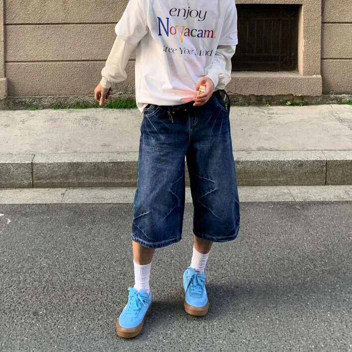 潮牌裂纹设计直筒阔腿七分裤夏季基础款猫须cleanfit牛仔裤男女款