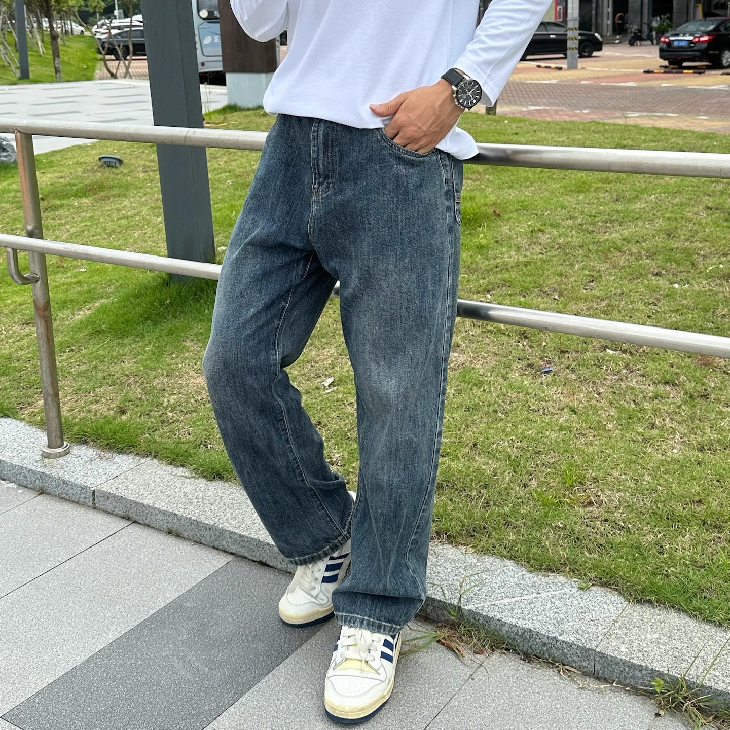 vintage复古高街做旧宽松直筒牛仔裤男简约休闲百搭垂感长裤子潮