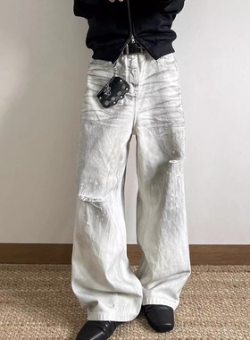 潮男复古白色脏染做旧破洞牛仔裤春夏新款简约休闲百搭痞帅直筒裤