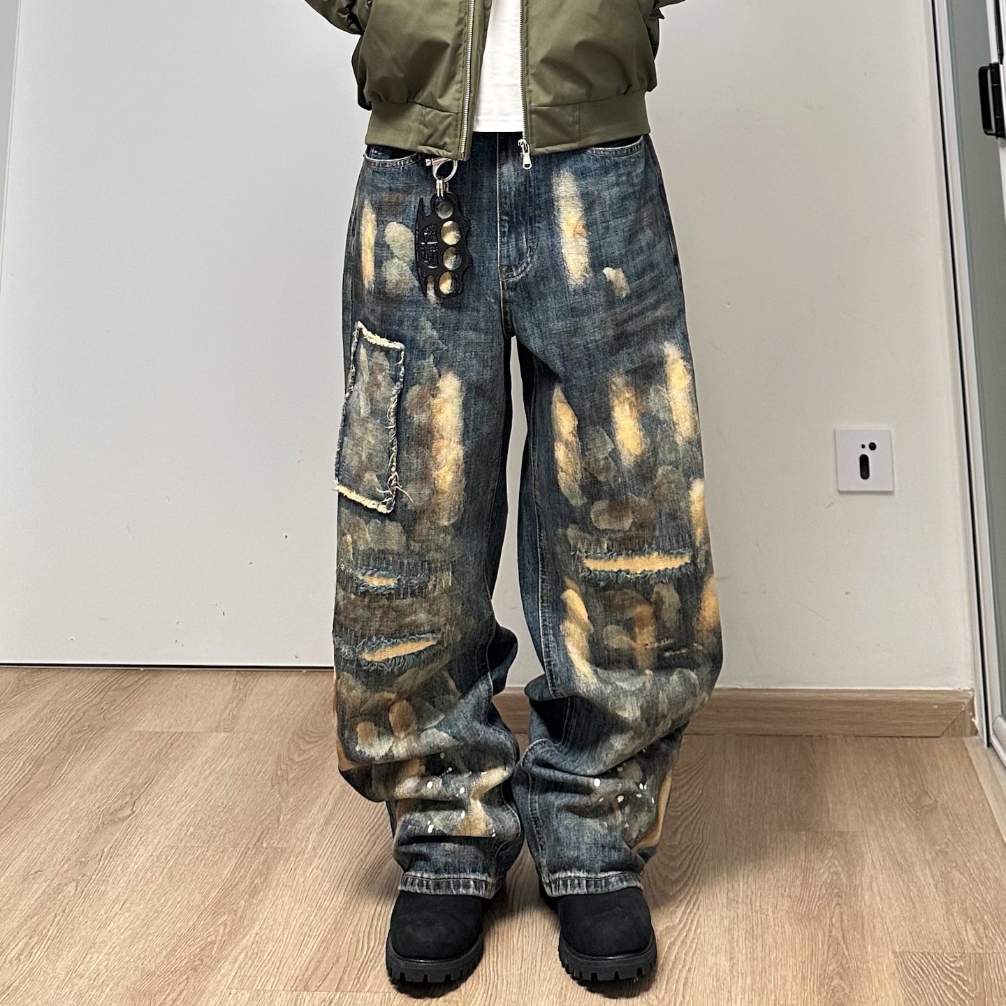 美式高街做脏叙利亚风油墨牛仔裤