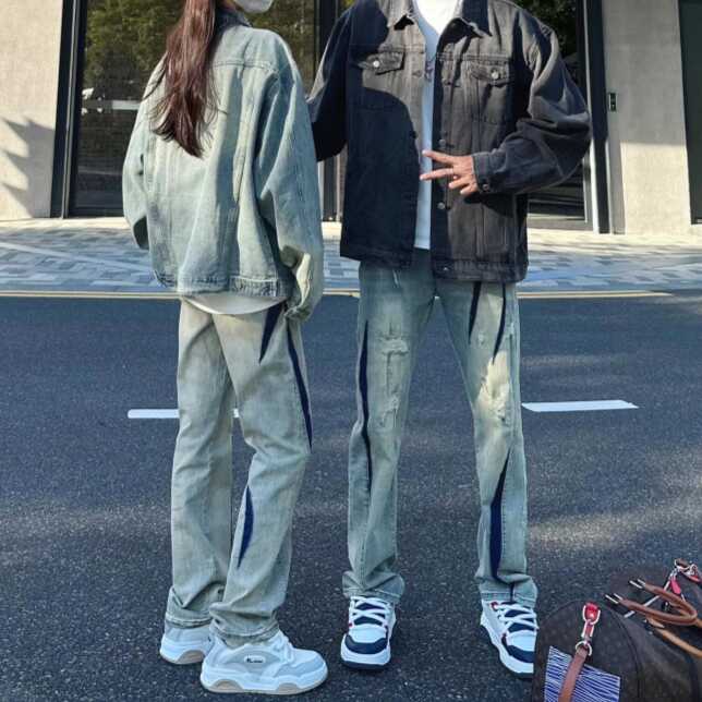 牛仔裤男女情侣款夏季破洞补丁弹力修身裤子黄泥染水洗做旧美式潮