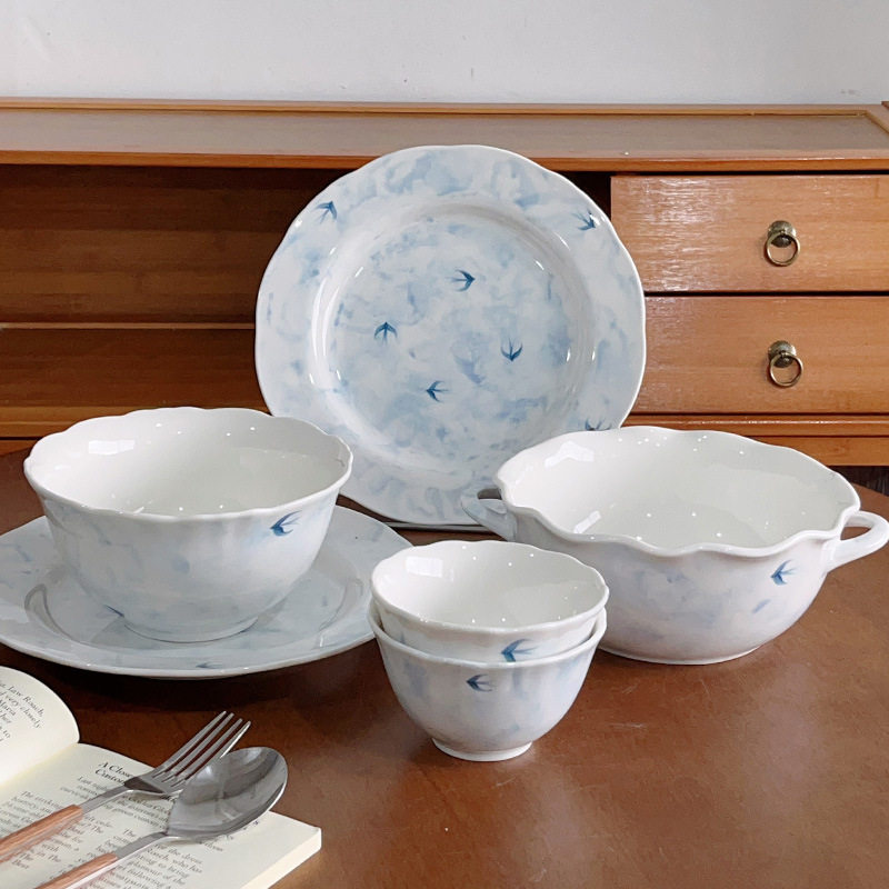 水墨飞燕碗盘餐具高颜值陶瓷家用米饭碗手绘釉下彩汤碗平盘鱼盘,餐饮具,碗,淘宝优惠券,粉丝福利购,淘宝优惠卷