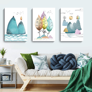 简约清新北欧创意少儿水彩卡通叶子山水风景三联副壁画儿童房挂画