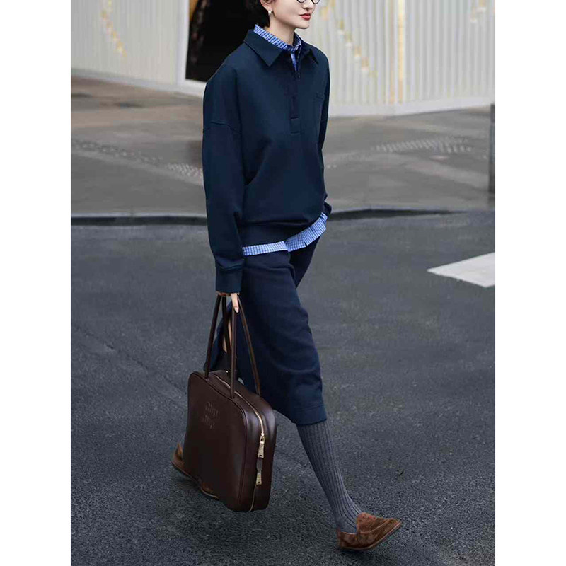 高级感巨好看的套装女秋季新款藏青翻领卫衣半身裙蓝格衬衫两件套,女装/女士精品,时尚套装,淘宝优惠券,粉丝福利购,淘宝优惠卷