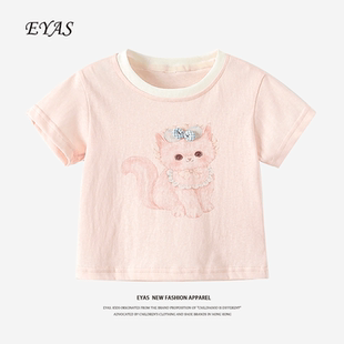 上衣 EYAS女童卡通猫咪印花圆领短袖 2025新款 夏装 休闲百搭甜美短袖