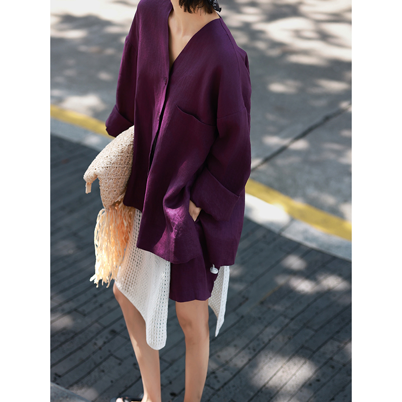 大牌紫色亚麻衬衫套装