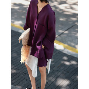 高端精致时尚套装女秋季新款紫色亚麻衬衫休闲短裤白色屁帘三件套