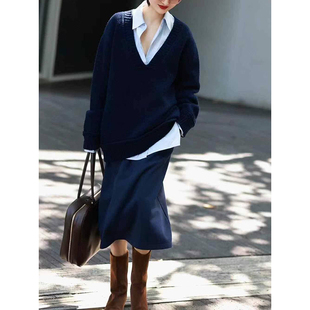 宝蓝色毛衣同色半裙浅蓝衬衫 女2025新款 三件套 穿搭套装 巨好看冬季