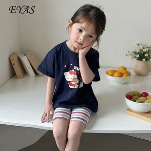 短裤 2025新款 EYAS女童卡通猫咪纯棉短袖 套装 夏装 针织条纹休闲套装